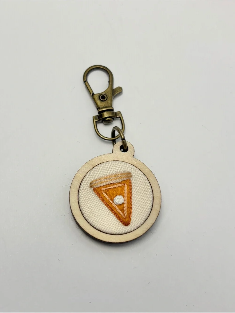 Artisan Handmade Pumpkin Pie Slice Embroidered Felt Keychain Wood Hoop
